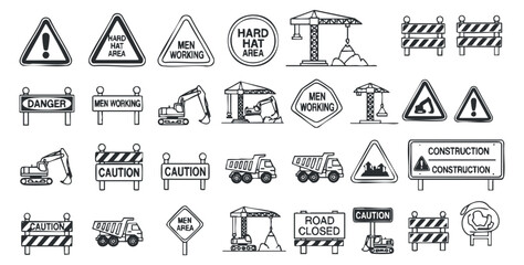 Fototapeta premium A collection of construction and safety signs in black and white outline vector style, ideal for construction site applications