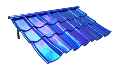 Metallic blue roof segment, rendered realistically with curved tiles and a dark, blank background. High-angle perspective