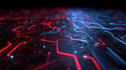 Abstract Circuit Board with Glowing Red and Blue Lines.