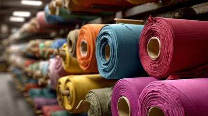 Fabric production in a factory, rolls of fabric on a conveyor belt