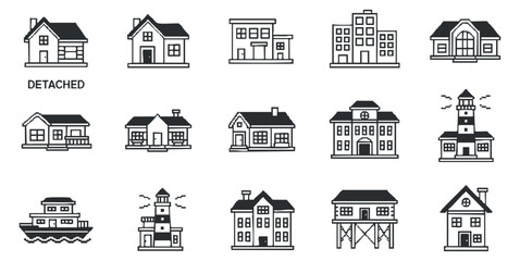 Naklejka premium A collection of various house and building icons in clean outline vector style, suitable for real estate and architectural projects