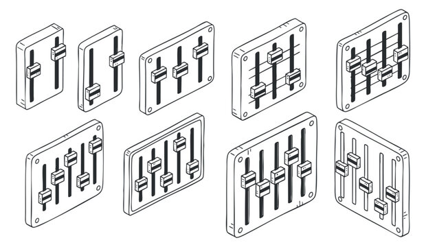 A collection of control panels with various switch designs in black and white outline vector style, suitable for technology and user interface projects