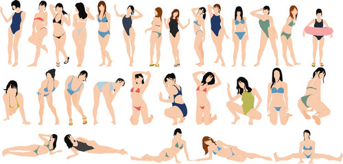 ポーズをとる水着を着た女性のイラストセット