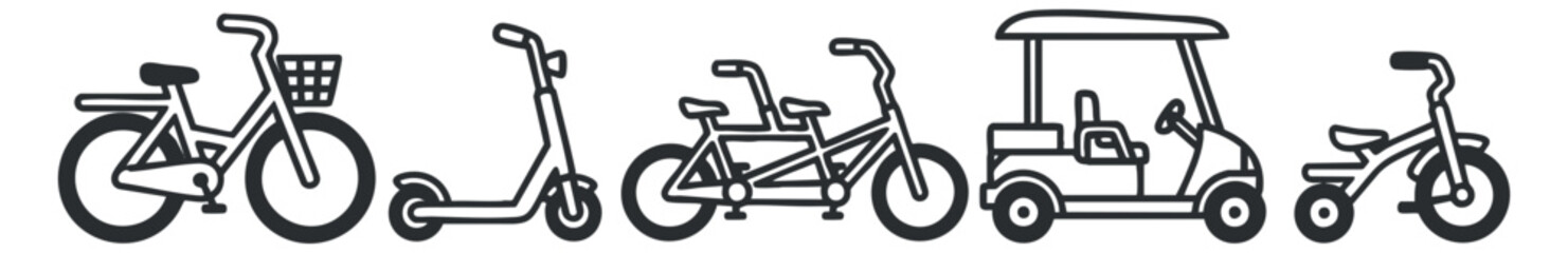 A set of line art icons featuring a bicycle, scooter, e-bike, golf cart, and other transportation vehicles in minimalist vector style, ideal for urban mobility and transportation design