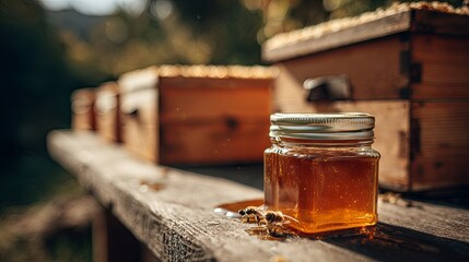 A jar of sweet buckwheat honey on the background of a bee farm and hives