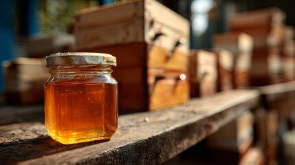 A jar of sweet buckwheat honey on the background of a bee farm and hives
