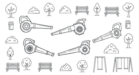 Fototapeta premium A collection of landscaping tools including blowers, trees, benches, and swings in minimalist outline vector style, suitable for outdoor design projects.