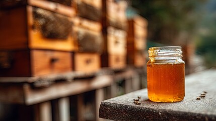 A jar of sweet buckwheat honey on the background of a bee farm and hives