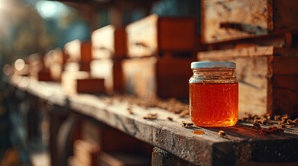A jar of sweet buckwheat honey on the background of a bee farm and hives