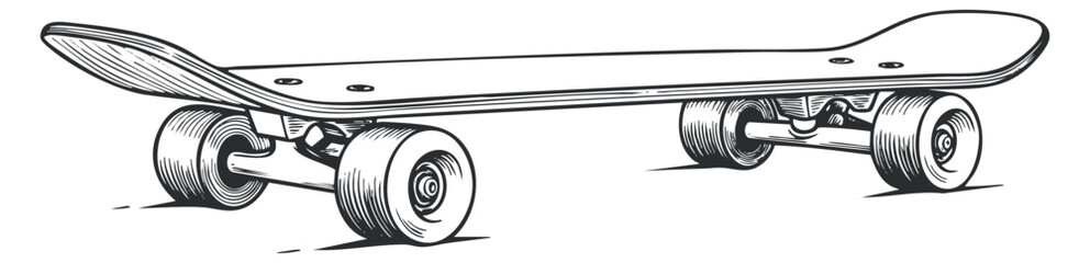 A detailed outline illustration of a skateboard in black and white vector style, perfect for sports and recreation design