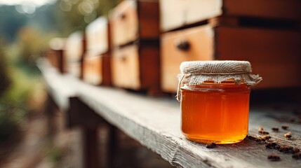 A jar of sweet buckwheat honey on the background of a bee farm and hives