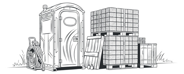 Fototapeta premium A portable toilet next to stacked crates and equipment in minimalist black and white vector style, suitable for construction site illustrations