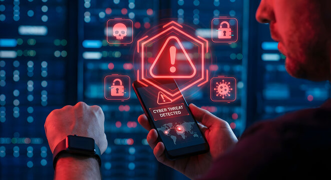 Cybersecurity Alert Smartphone with Digital Security Icons and Digital Background - Powered by Adobe