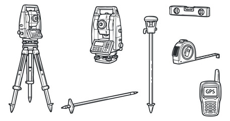 A collection of surveying equipment including a total station, GPS, level, and measuring tape in outline vector style, suitable for engineering and construction projects