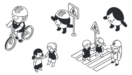 A collection of children engaging in activities including biking, walking, and crossing a street in black and white minimalist vector style, ideal for educational materials and safety campaigns