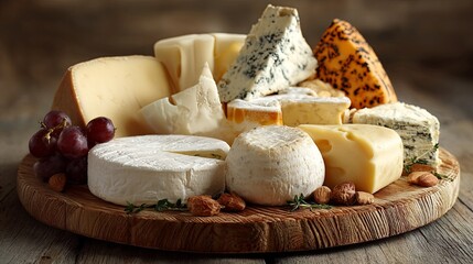 Various kinds of cheese arranged on a round wooden platter