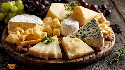 Various kinds of cheese arranged on a round wooden platter