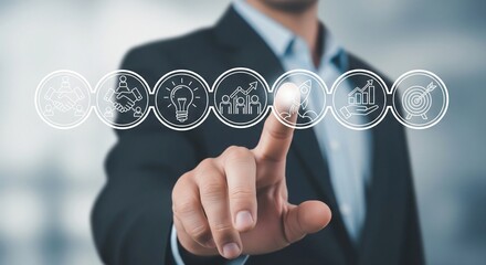 Businessman touching digital icons of business process