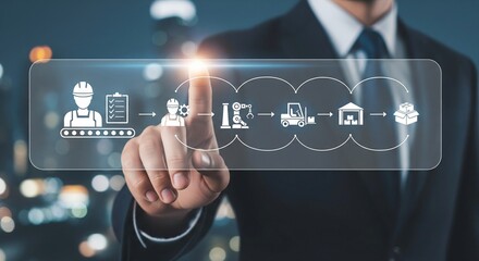 Businessman touching digital factory production process flowchart