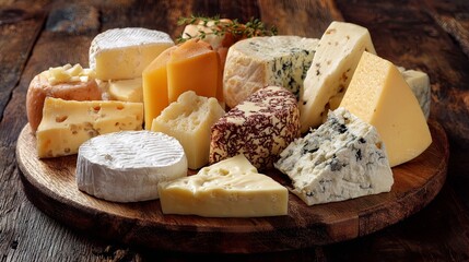 Various kinds of cheese arranged on a round wooden platter