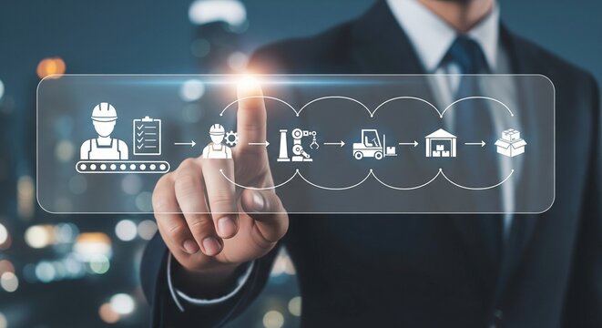 Businessman touching digital factory production process flowchart - Powered by Adobe