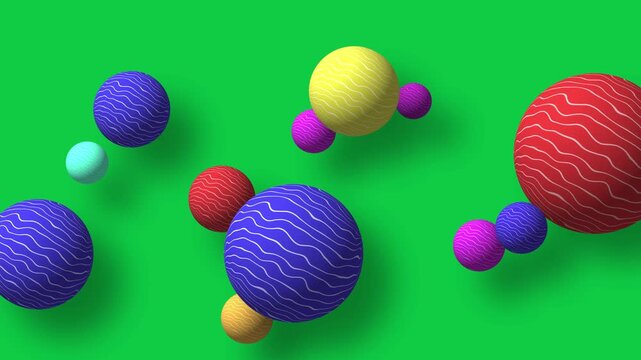 3D colorful Wavy Pattern Spheres Floating on Green Screen, colorful easter eggs moving on green screen, colorful balls on a vibrant neon green background,chroma key with a soft realistic drop shadow