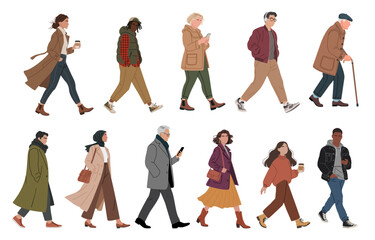 Set of diverse people walking in an autumn or winter city setting, featuring minimalist design, muted colors, and contemporary urban style. Flat vector illustration isolated on transparent background