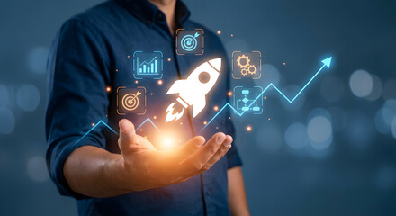 Innovative Business Growth and Technology Strategy Concept with Digital Rocket and Data Icons