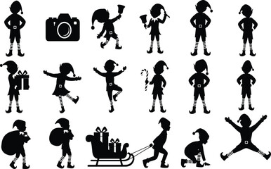 Festive Black Silhouette Set of Christmas Elves in Various Poses, Delivering Gifts, Dancing, and Preparing for Santa’s Holiday Season Delivery and Fun.