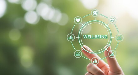 Finger touching wellbeing icons in green circle health