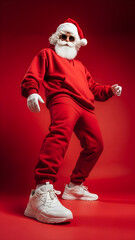 Man dressed as a stylish and modern Santa Claus wearing sunglasses and white sneakers on red background. Vertical fashion design for Christmas season, holiday advertising, youth culture concepts.