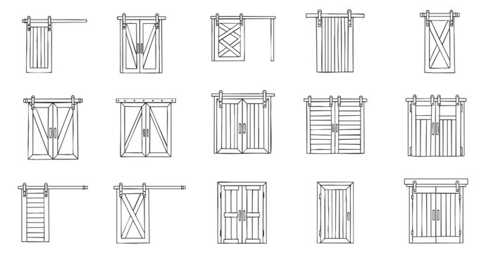 A collection of various barn door designs in clean outline vector style, suitable for architectural and interior design projects