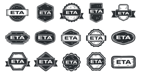 A collection of ETA badges and labels in black and white outline vector style, ideal for branding and graphic design projects