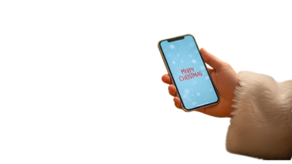 Santa Claus hand holding smartphone showing Merry Christmas message on screen, festive holiday greeting concept

