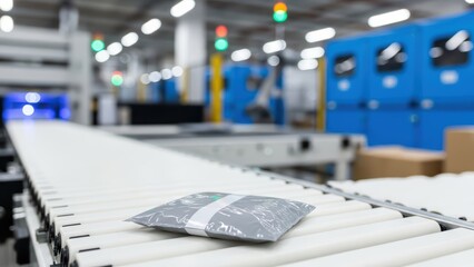 Fototapeta premium Small gray package moving on a white conveyor belt in a modern, brightly lit industrial sorting or logistics facility