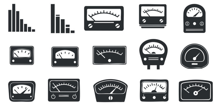 A collection of various gauges and meters in black and white vector style, suitable for technology and dashboard design