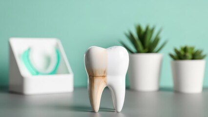 Comparison of a stained and a clean white tooth model, symbolizing dental hygiene and teeth whitening procedures