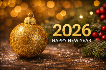 Golden Christmas Ornament with Snow and Lights - Happy New Year 2026 Celebration