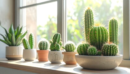 Assortment of diverse cacti plants thrive, basking in sunlight near a window. Plants sit on a wooden ledge with a bright background