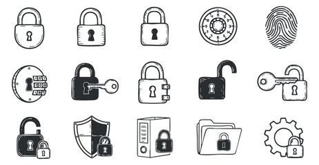 A collection of various security icons including padlocks, keys, and a fingerprint in a hand-drawn black and white style, ideal for cybersecurity design and digital protection themes