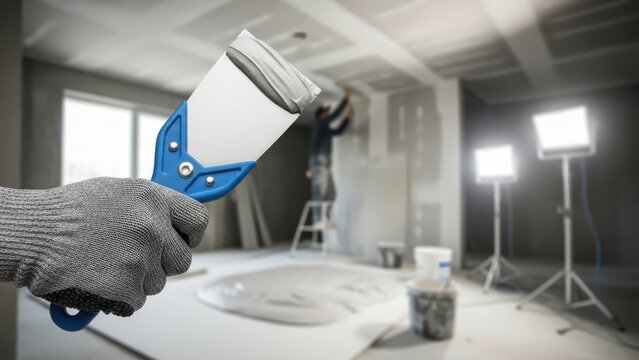 Hand in protective glove holding putty knife during drywall finishing work in construction site interior