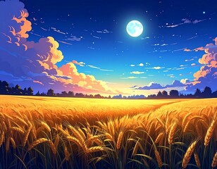 Animated scene of a glowing moon in a star-filled sky over golden wheat fields at sunset