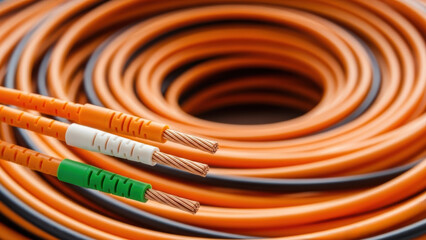 Coiled orange electrical wire with exposed copper strands and color coded insulation tips