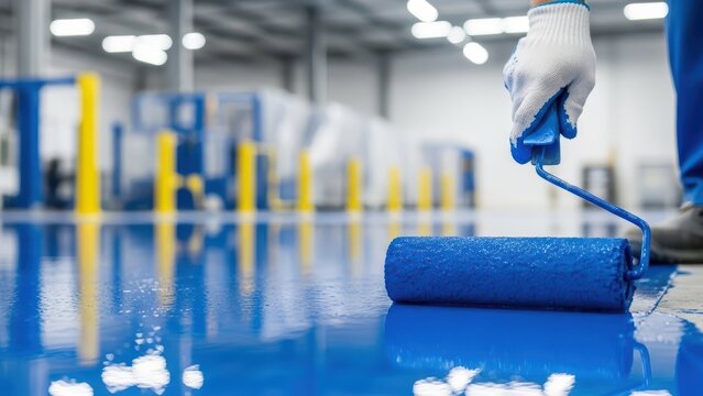 Applying bright blue epoxy resin coating to an industrial warehouse floor with a paint roller