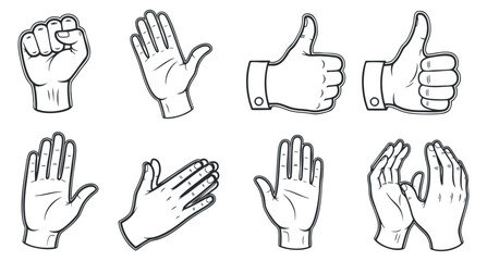 Fototapeta premium A collection of hand gestures including fist, thumbs up, and open hands in black and white outline vector style, ideal for communication and expression design