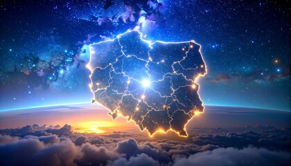 Animated representation of a country outline with glowing city lights, positioned above a planet's curvature, against a starry sky