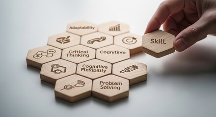 Hand placing wooden hexagon tile with word Skill learning