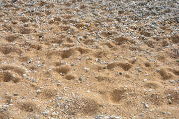 Natural texture of a coastal beach featuring a mix of small colorful pebbles and golden sand with soft footprints and pits