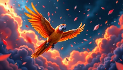 Obraz premium Vibrant Parrot Flying Through Fiery Sky