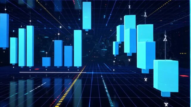 Futuristic abstract background for stocks and research, featuring 3D-rendered cyberspace elements. Digital networks, smart world visuals, and data streams convey technology, finance, business, and sto